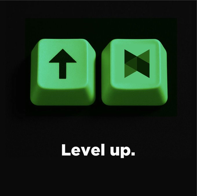 Two glowing green keyboard keys, one with an up arrow and one with a geometric logo, are displayed above the white text "Level up." on a black background, visually reinforcing the post's message of advancement through each click, trade, and cycle.