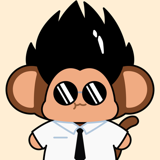 An illustration of a monkey character with spiky black hair wearing sunglasses, a white shirt, and a black tie.