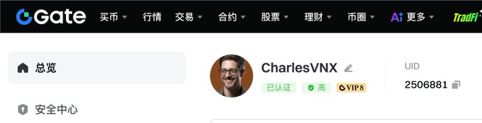 A screenshot of the Gate.io cryptocurrency exchange website showing a user profile for 'CharlesVNX' with VIP8 status and UID 2506881.