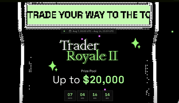 The image is a promotional banner for "Trader Royale II," a trading competition running from August 7, 00:00 UTC to August 14, 23:59 UTC, featuring a prize pool of up to $20,000 with a countdown timer showing 7 days, 4 hours, 16 minutes, and 14 seconds remaining. The "TRADE YOUR WAY TO THE TOP" headline aligns with the accompanying post's message about TXFlow's reward campaign, where users can earn extra prizes (up to $3K per person) simply by trading on the platform.