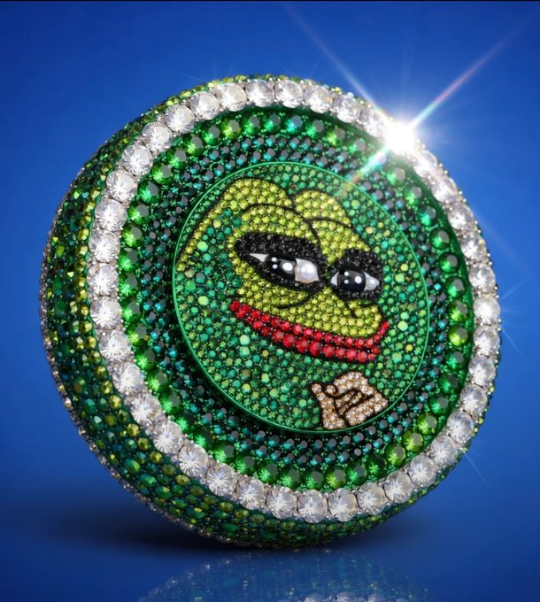 A spherical object encrusted with green, white, and clear gemstones features a yellow smiley face design with a red mouth and a small logo at the bottom, set against a blue background.