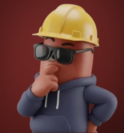 A 3D cartoon-style character wearing a yellow hard hat, sunglasses, and a dark blue hoodie strikes a thoughtful pose against a red background.