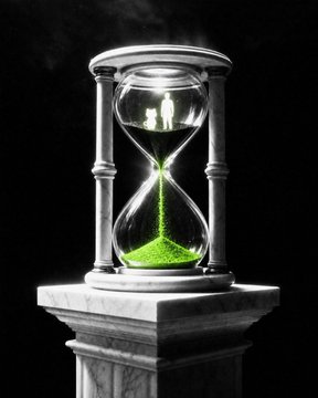 A digital illustration of an hourglass filled with glowing green sand sitting on a stone pedestal against a dark background.