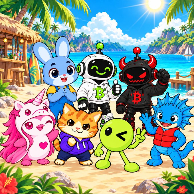 A group of colorful cartoon mascots—including a blue bunny, pink axolotl, orange cat, green smiley, blue dragon, and two robots wearing "B" and "$" Bitcoin symbols—pose together on a sunny tropical beach. The vibrant crypto-themed scene captures the upbeat, community spirit of "GM frens" with its cheerful, playful vibe perfect for a morning greeting.
