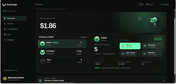 An AnsemBips dashboard showing a portfolio value of $1.86, with tokens including ANSEM, TIPANSEM, and TRULL, and an available balance of 5.