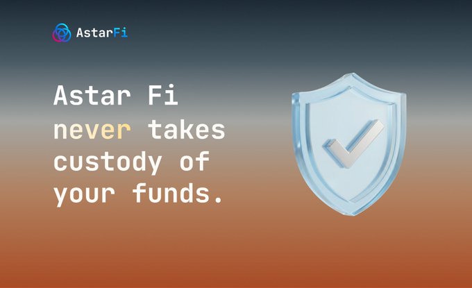 A promotional graphic for Astar Fi featuring a blue shield with a checkmark, alongside the message "Astar Fi never takes custody of your funds," reinforcing the brand's commitment to self-custody in consumer finance.