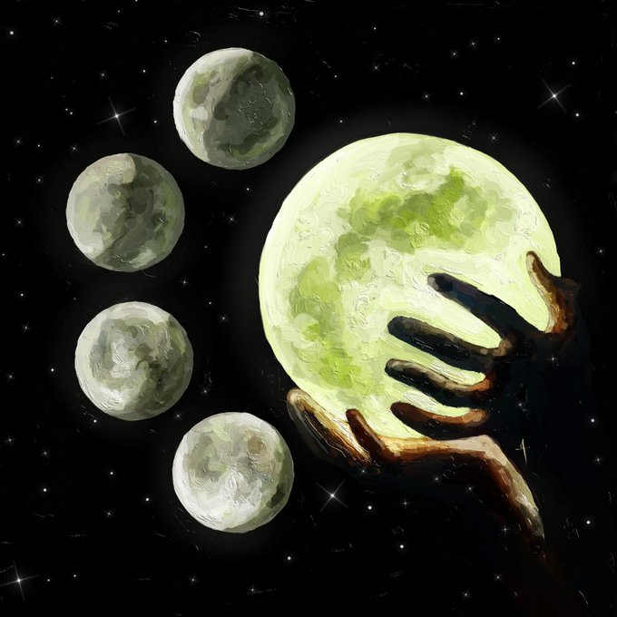 An artistic painting of skeletal, weathered hands holding up a large glowing pale green moon, with four smaller moon phases arranged to the left against a starry black sky.