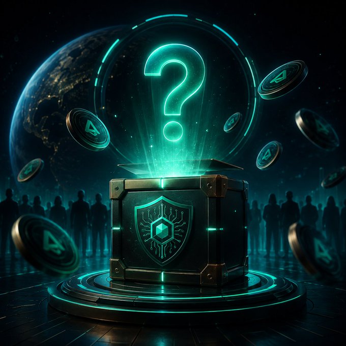A digital artwork featuring a glowing teal question mark emerging from a futuristic treasure chest, surrounded by floating coins with a logo, set against a cosmic backdrop with shadowy figures.