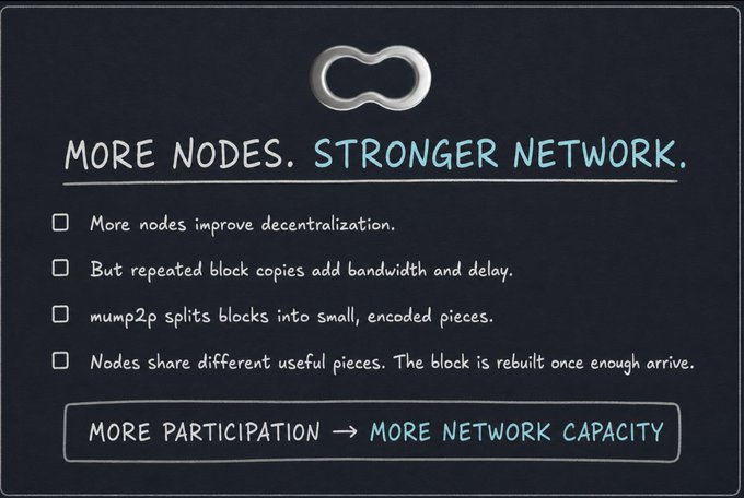 An educational slide titled "MORE NODES. STRONGER NETWORK." explaining that "mump2p splits blocks into small, encoded pieces," concluding with "MORE PARTICIPATION → MORE NETWORK CAPACITY."
