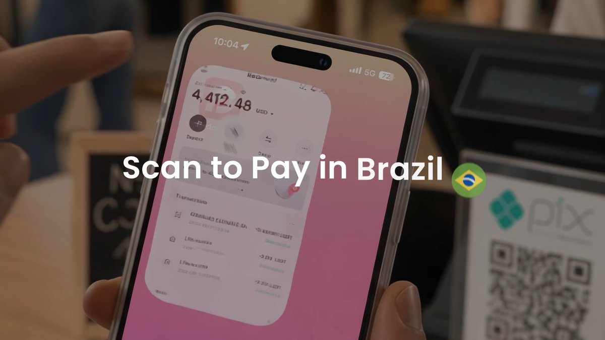 A close-up of a hand holding a phone showing a payment app interface with a balance of "4,412.48 USD" next to a Brazilian PIX QR code display, overlaid with the text "Scan to Pay in Brazil 🇧🇷" — illustrating how the RedotPay app enables seamless stablecoin payments via PIX QR scanning in Brazil.