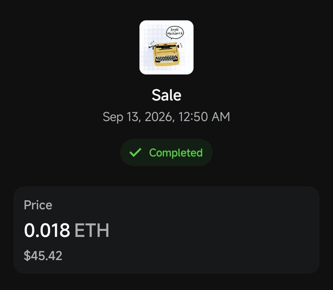 A dark-themed digital sale confirmation screen showing a typewriter icon, the text 'Sale', 'Sep 13, 2026, 12:50 AM', a green 'Completed' badge, and a price of '0.018 ETH' ($45.42).