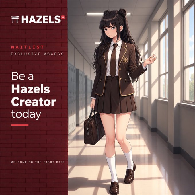 A promotional graphic for 'Hazels' featuring an anime-style schoolgirl in a brown uniform holding a briefcase, with text reading 'Waitlist Exclusive Access' and 'Be a Hazels Creator today.'