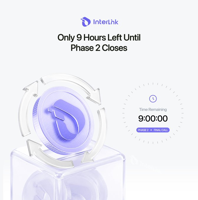 A promotional graphic from InterLink announces "Only 9 Hours Left Until Phase 2 Closes," featuring a translucent purple coin on a clear pedestal alongside a countdown timer displaying "9:00:00 Time Remaining" with a "PHASE 2 • FINAL CALL" banner, emphasizing the urgency of the reverse auction buyback's closing deadline.