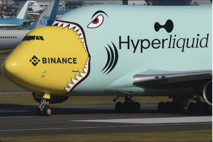 A Binance-branded airplane appears to be devoured by a shark painted with the "Hyperliquid" logo, visually symbolizing Hyperliquid overtaking Binance. The dramatic imagery reflects Hyperliquid's rise as it absorbs Binance's market dominance.