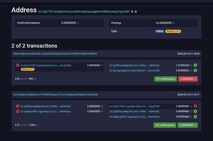 A screenshot of a cryptocurrency wallet interface showing an address starting with "bc1q2y778c7jzpy8yn3uszzn" with a zero confirmed balance and a history of two transactions in PZWSH (Multig 2 of 2).