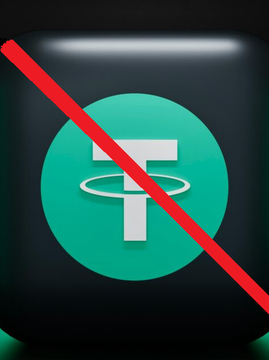 The image shows the Tether (USDT) logo—a green circle with a white "T"—crossed out with a red diagonal line, symbolizing a ban or prohibition. This visually reinforces the breaking news that EU markets regulators are ordering crypto firms to fully exit Tether and USDS by January 8 due to lack of MiCA licensing.