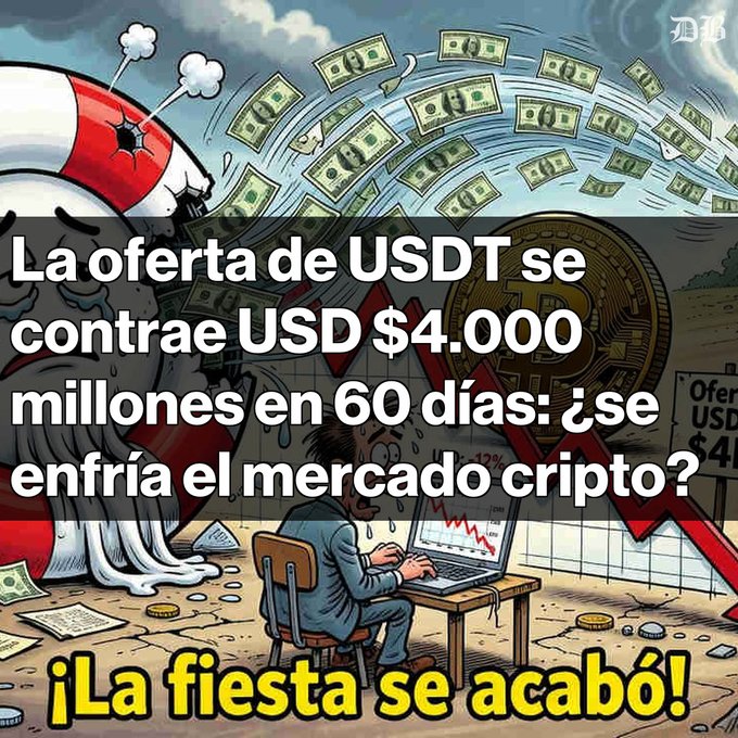 A Spanish-language cartoon graphic about cryptocurrency shows a distressed figure at a computer with falling money and a Bitcoin symbol, with text reading "La oferta de USDT se contrae USD $4.000 millones en 60 días: ¿se enfría el mercado cripto? ¡La fiesta se acabó!"