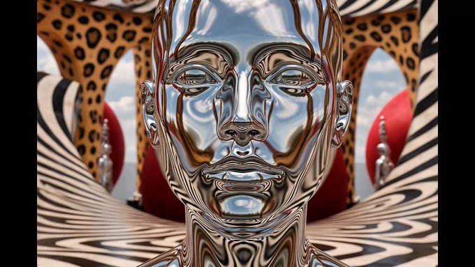 A surreal 3D render shows a highly reflective chrome face surrounded by distorted leopard print and zebra stripe patterns against a cloudy sky background.