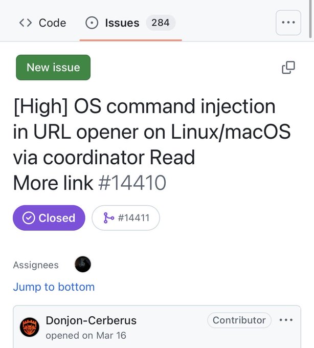 The image shows a GitHub issue page titled "[High] OS command injection in URL opener on Linux/macOS via coordinator Read More link #14410," marked as Closed and linked to issue #14411, filed by contributor Donjon-Cerberus on March 16. The image directly relates to the post by illustrating the high-severity command injection vulnerability reported in Wasabi Wallet's GitHub repository, which could be exploited via a malicious coordinator "Read More" link.
