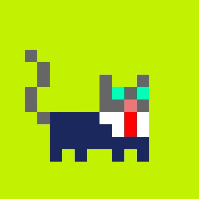 A pixel art illustration similar to the previous image, showing a gray cat character with cyan/green eyes, red-tipped ears, a red tie, and a dark blue body, set against a bright green background.