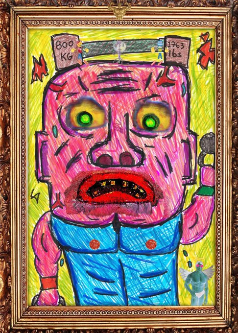 A framed childlike crayon drawing depicts a pink, bug-eyed humanoid figure labeled "1800 KG" and "1703 LBS" with the number "4" on its arm, illustrating the muscular new fitness obsession of "FREAKOBRUTO," who bulked up out of jealousy toward the award-winning "FREAKOLOCO! #15." In the corner, a smaller menacing figure watching him trains suggests an ongoing rivalry with bitbruts.
