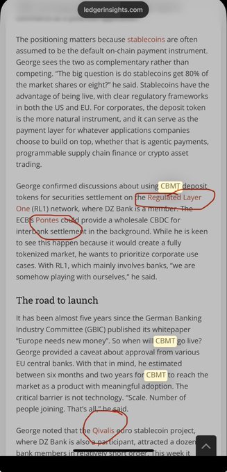 An article from ledgerinsights.com about stablecoins and the CBMT deposit token, with 'the Regulated Layer' and 'Qivalis' circled in red.