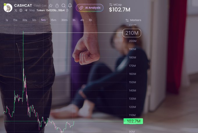 The image shows a dramatic cryptocurrency chart for the token "CASHCAT" (Token: 0x0206...118b4) displaying a catastrophic price collapse from a market cap peak of 210M down to just 102.7M. Overlaid on the chart is a tense scene of a man standing with a clenched fist while a woman cowers on the floor in the background, visually representing the "FCKING $CASHCAT" post's frustration with the token's devastating crash.