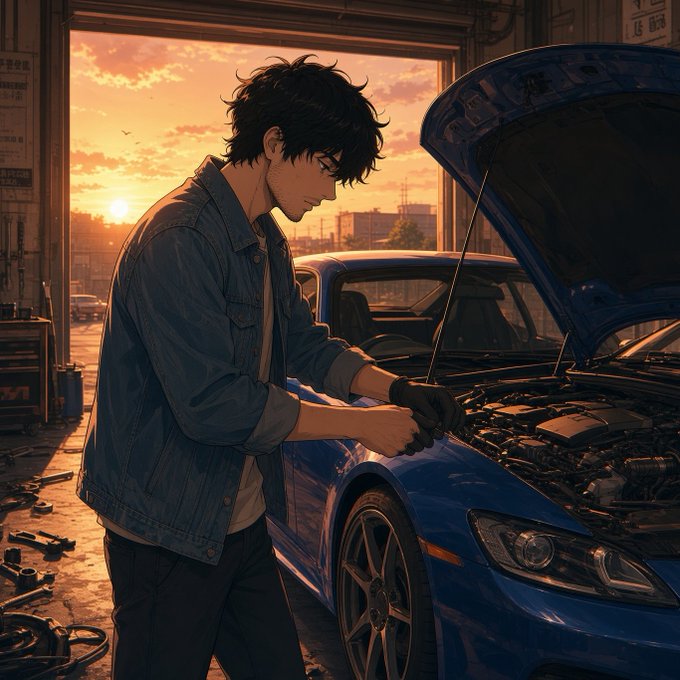 Anime-style illustration of a young mechanic working on the engine of a blue sports car with the hood open, set against a sunset backdrop inside a garage.