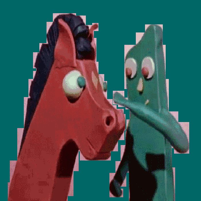 The image features a red horse with black spots, positioned next to a green frog-like object that has eyes and a mouth. The background of the image is a solid teal color. The caption provided after the image reads "Comma Sava Ed. 8, 175 tez objkt.com/tokens/hicetnu ... teia.art/objkt/880943 Animated Gif, 700 x 700, ..." and "@lm_netwebs #Tezos #nftcollector #teia #lornamills #objkt".