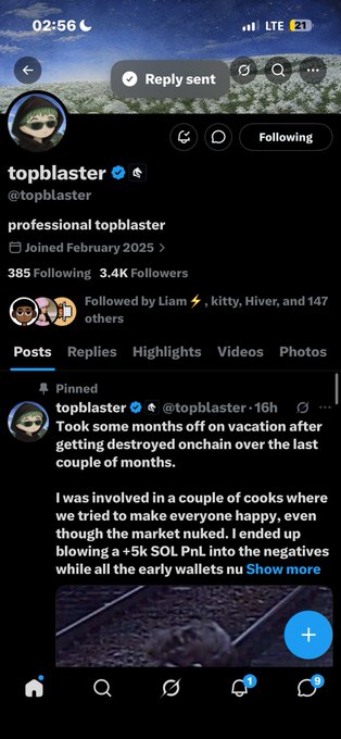 A Twitter/X profile screenshot for verified user 'topblaster' (@topblaster), a 'professional topblaster' who joined February 2025 with 385 Following and 3.4K Followers, featuring a pinned post about taking a vacation after getting destroyed onchain.