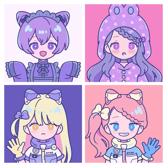 Four-panel illustration of cute anime-style girls with pastel colors (purple and pink) in various outfits with bows.