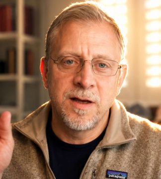 A middle-aged man with glasses, a gray beard, and a Patagonia jacket speaks in front of bookshelves with warm lighting. The post attributes the quote about buying Bitcoin under $100k to James Lavish, suggesting he is the speaker in the image sharing this bullish advice on early crypto investment.