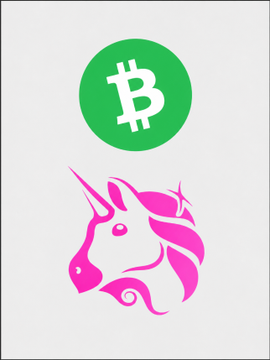 The image features a green Bitcoin (BCH) logo and a magenta unicorn silhouette representing Uniswap (UNI), visually symbolizing the two cryptocurrencies that CME Group plans to offer futures contracts for.