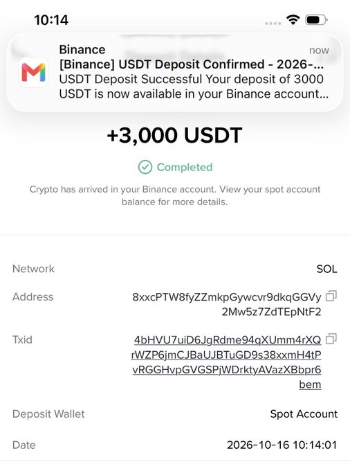 A screenshot of a Binance notification showing a completed deposit of +3,000 USDT via the SOL network to a Spot Account, with the transaction ID and wallet address visible.