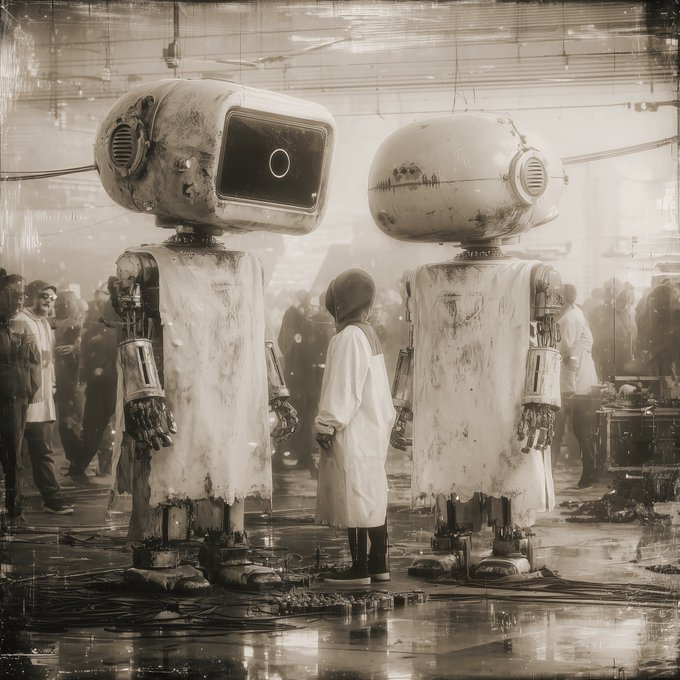 A sepia-toned illustration of two weathered robots with monitor-like heads standing on either side of a child in a white outfit, set in a dilapidated industrial space.