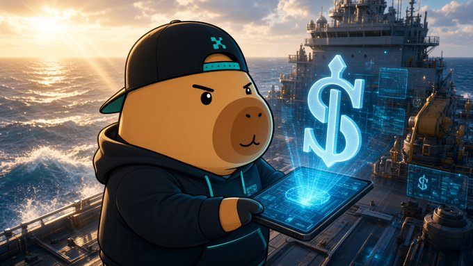 A cartoon bear character wearing a black cap and hoodie, holding a tablet displaying a dollar sign hologram, set against an ocean platform background with more dollar signs floating.