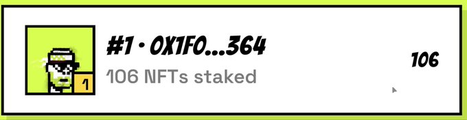 A leaderboard entry shows "#1 · 0X1F0...364" with "106 NFTs staked" displayed alongside a pixel-art punk avatar, representing the top-ranked wallet for staking Broker Punks NFTs to earn $NVIDIA and $TSLA rewards as mentioned in the post.