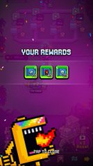 A pixel art game screenshot showing a 'YOUR REWARDS' screen with three green item icons above a character with orange hair and goggles.