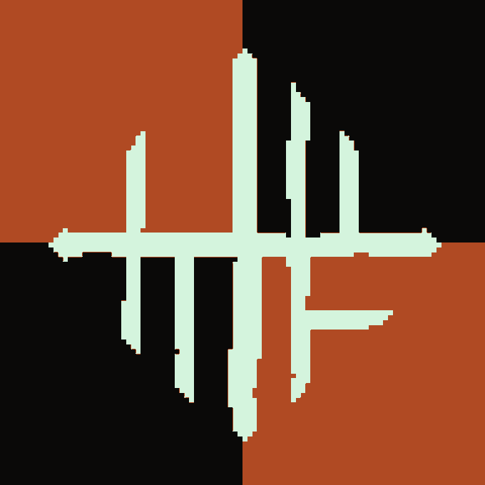 Pixel art logo featuring a light mint-green stylized cross or star symbol centered on a four-quadrant background of rust-red and black.