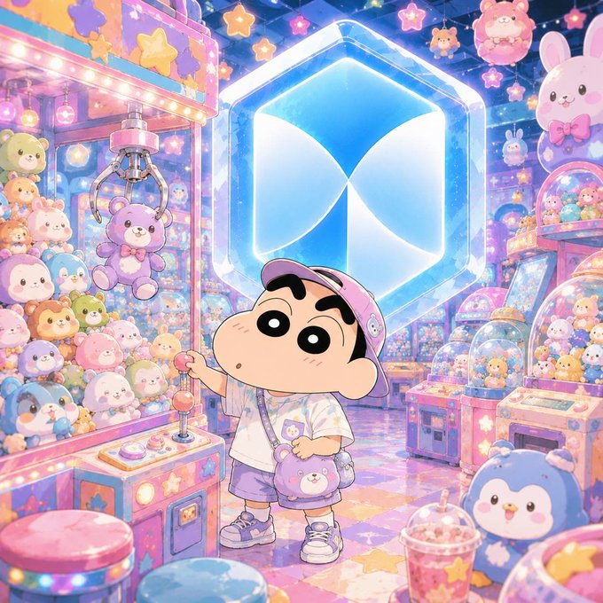 An illustration shows the character Crayon Shin-chan playing a claw machine in a vibrant pastel arcade filled with plush toys, with a large glowing blue cube hovering in the background.
