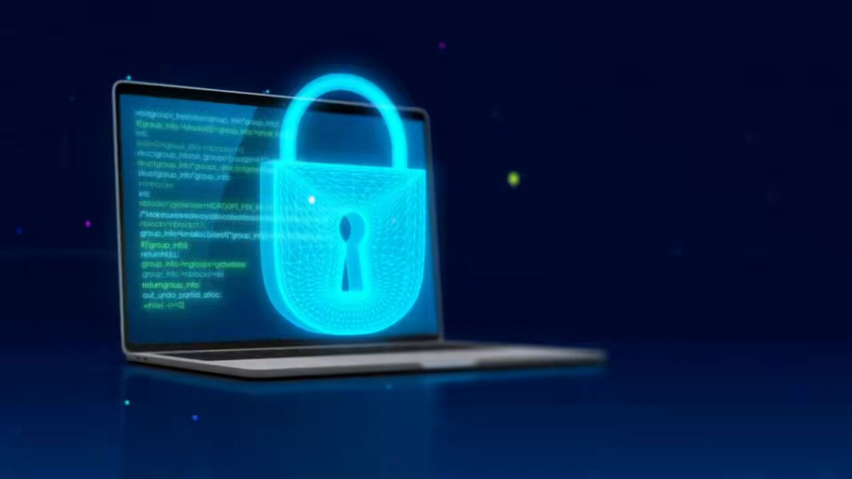 The image features a laptop screen with a lock displayed on its surface. The lock appears to be made of blue neon material, giving it an futuristic appearance. The laptop screen also displays some code or text that reads "focus on what is in the image". This suggests that the focus should be on the lock and its properties rather than the surrounding content.