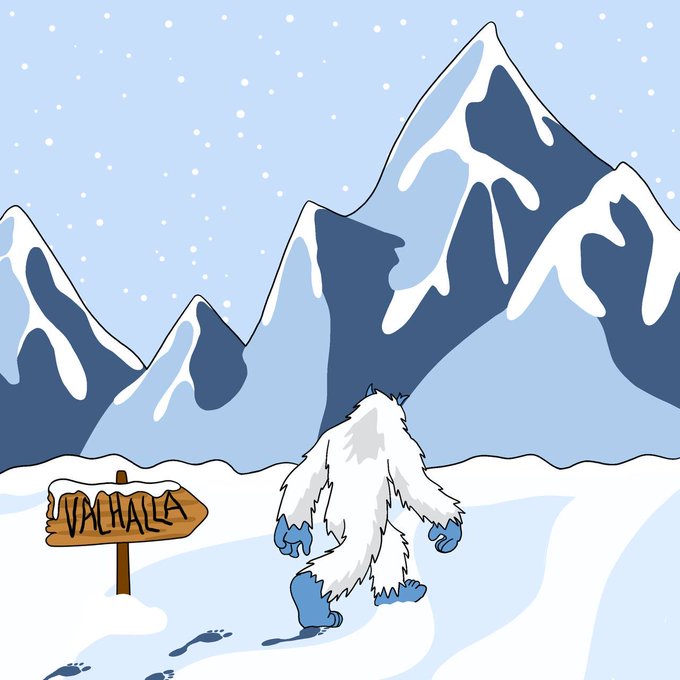 A cartoon illustration of a white furry yeti creature with blue hands and feet walking through snow toward a wooden sign reading 'VALHALLA', with snowy mountains in the background.