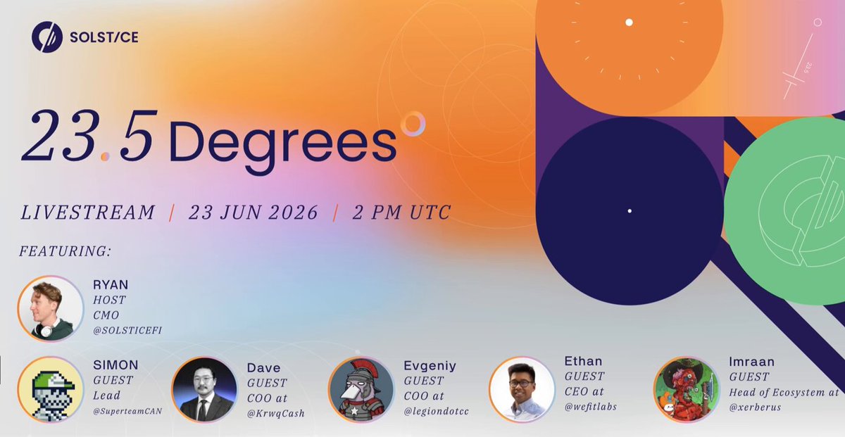The image shows a banner featuring an orange background with white lettering displaying "23.5 Degrees Live Stream". The poster also includes several round labels with names, such as "SuperteamCAN", "@RyanDay", "@krwqcash", "@legiondotcc", and "@xerberus". A clock is positioned at the top right corner of the banner, and a small logo is located in the bottom left section. The text on the poster states that the event is happening online at 2 PM UTC and invites viewers to join for a live conversation about a big news story featuring some notable people from different groups.