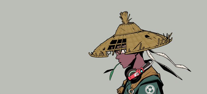 A digital illustration in profile of a character wearing a woven straw hat with holes, red headphones around their neck, and a green jacket, against a grey background.