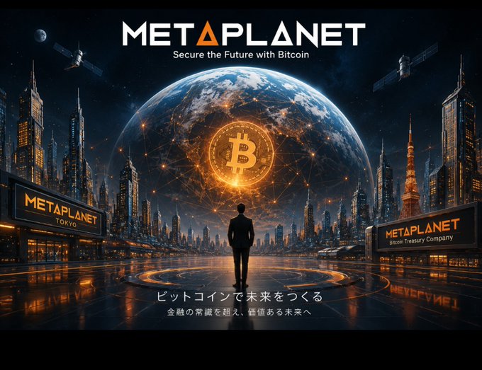 A futuristic promotional banner for **METAPLANET** featuring a silhouette gazing at a glowing Bitcoin logo hovering over Earth, flanked by "METAPLANET TOKYO" and "METAPLANET Bitcoin Treasury Company" signs, with the tagline "Secure the Future with Bitcoin" and Japanese text translating to "Creating the future with Bitcoin—beyond the common sense of finance, toward a future with value." The accompanying post outlines an ambitious price target of 5,000 yen per MetaPlanet share (a ~16x increase from 312 yen), implying a market cap jump from ~44 billion to ~6.4 trillion yen, visually echoed by the image's grand, world-conquering Bitcoin imagery.