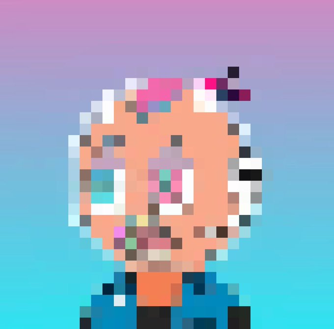 A pixelated PFP of a stylized cartoon character with white hair, large colorful eyes, and an open-mouthed expression is set against a pink-to-blue gradient background, serving as the profile image used to promote a whitelist (WL) for a free NFT mint in a Web3 community.