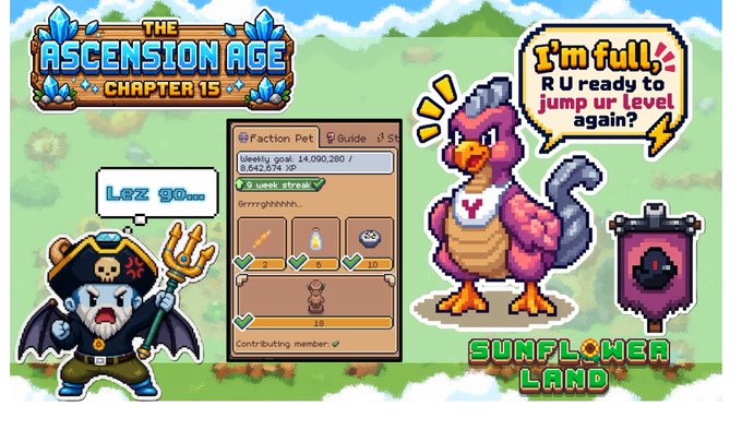 The image is a promotional graphic for "The Ascension Age Chapter 15" in Sunflower Land, featuring a faction pet that's full and ready for another level-up, alongside a status panel showing weekly XP goals (14,090,280 / 8,642,574 XP) and a list of needed items (Fried Tofu, Sour Shake, Surimi Rice Bowl). It also shows "Lez goooo" next to a pirate-like character and "I'm full! R U ready to jump ur level again?" in a speech bubble above the faction pet.