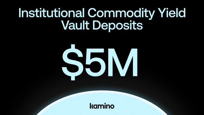 A minimalist black graphic displaying 'Institutional Commodity Yield Vault Deposits $5M' in light blue text with the 'kamino' logo at the bottom.