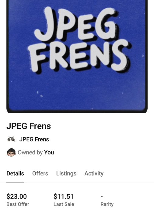 A digital collectible listing for 'JPEG Frens' on a marketplace, showing a Best Offer of $23.00 and a Last Sale of $11.51.