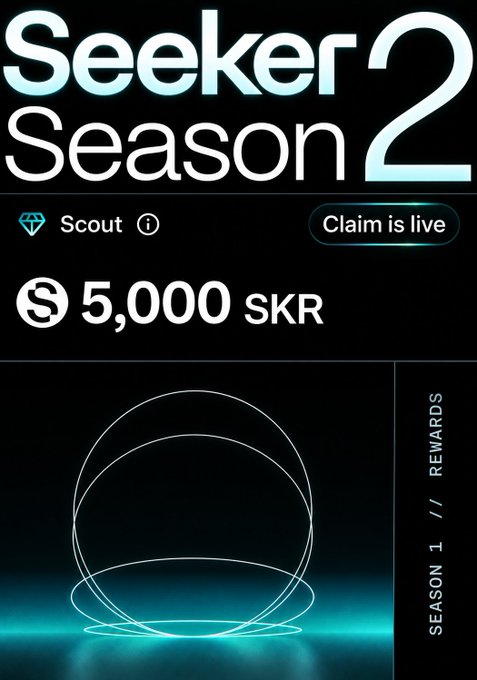 'Seeker Season 2' rewards screen showing a 'Scout' tier with 5,000 SKR available to claim, displayed against a dark background featuring a glowing cyan sphere.